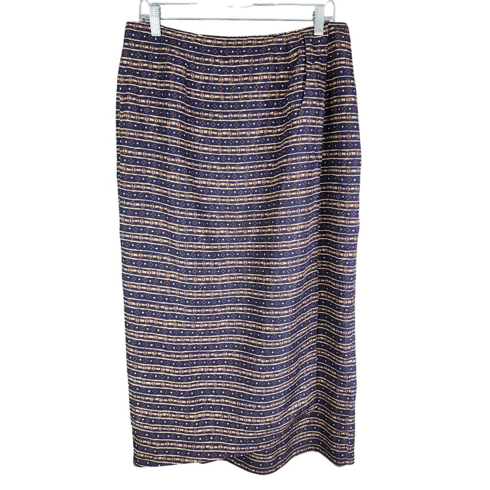 Womens Chaus Vintage Maxi 100% Silk Skirt Brown & Blue Geometric Print Size 14